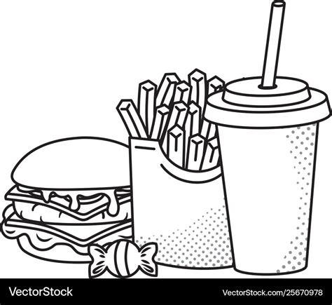 Hamburger French Fries And Soda Black And White Vector Image