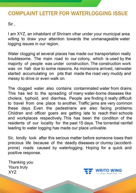 Complaint Letter To Municipal Corporation For Waterlogging Lettering