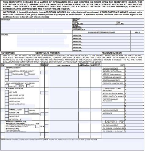 Acord Certificate Of Liability Insurance Template