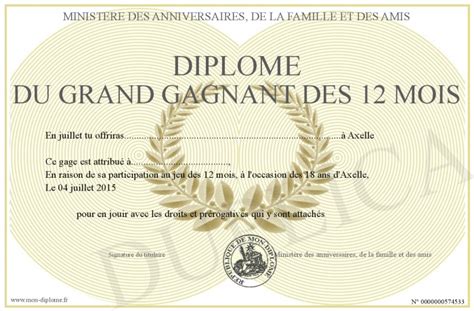 Diplome Du Grand Gagnant Des 12 Mois