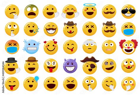 Emoticon smileys vector set. Emoji emoticons characters with hand and hat elements in funny and ...