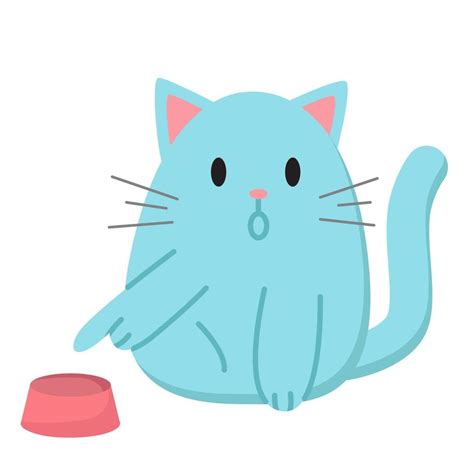 Cartoon Blue Fat Cat Points To Empty Bowl Cute Vector Illustration