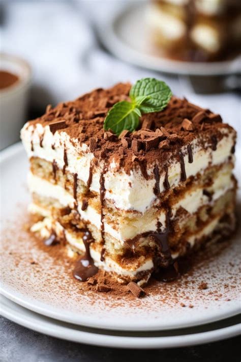 Tiramisu Italian Dessert Topped With A Sprig Of Mint Served On A Plate