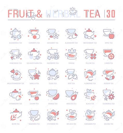 Set Blue Line Icons Of Fruit And Herbal Tea Stock Illustration