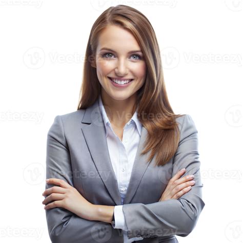 A Confident Businesswoman With Long Brown Hair Smiles While Standing With Arms Crossed In A