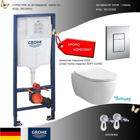 СТРУКТУРА GROHE И ТОАЛЕТНА PIZA RIMLESS SOFT CLOSE КВАДРАТЕН БУТОН