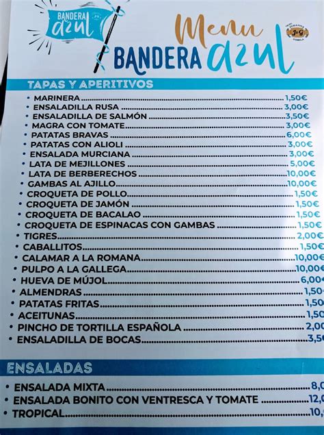 Carta de Restaurante A Estribor Beach Los Alcázares