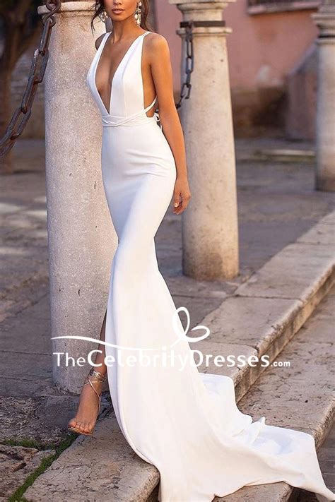 Sexy White Deep V Neck Slit Prom Dress Thecelebritydresses