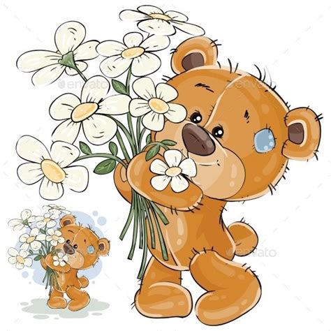 Vector Illustration Of A Brown Teddy Bear Holding A Bouquet Of Flowers