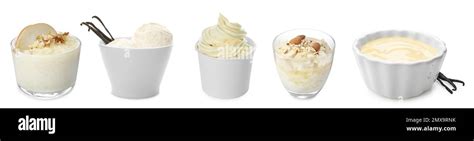 Set Of Vanilla Puddings Ice Cream And Frozen Yogurt On White