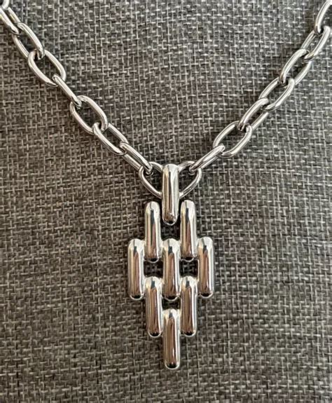 Vintage Monet Art Deco Geometric Silver Tone Drop Pendant Chunky Chain