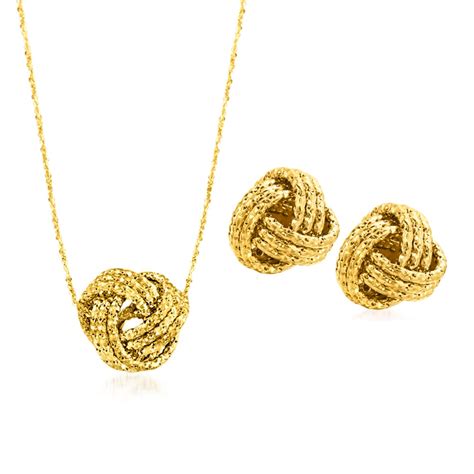 Italian Kt Yellow Gold Love Knot Jewelry Set Necklace And Stud