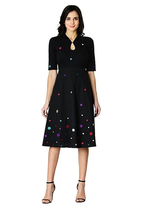 Shop Polka Dot Embellished Cotton Knit And Poplin Dress EShakti