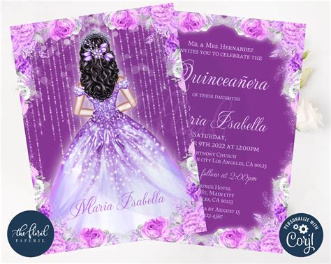 Purple Quinceanera Invitation Template Editable 15th Birthday Etsy