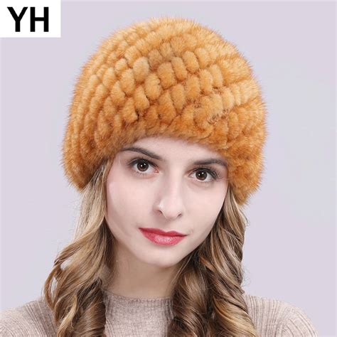 Gorro de piel de visón Real para mujer gorro cálido de punto suave con