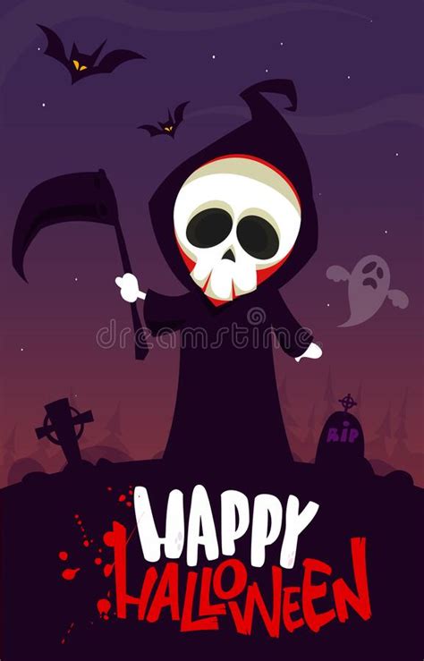 Grim Reaper Cartoon Character With Scythe Halloween Funny Death Skeleton Illustration Stock