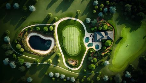 Aerial View Of Golf Course In The Middle Of Green Field Stock