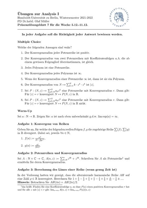 Präsenzblatt 7 Potenzreihen Konvergenzradius Limes Ubungen zur