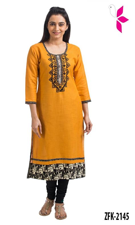 Beautiful Mustard Embroidered Cotton Kurti Tunic S 31034