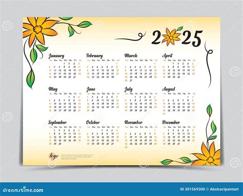 Calendar Vector Template Yellow Flowers Design Yearly Calendar