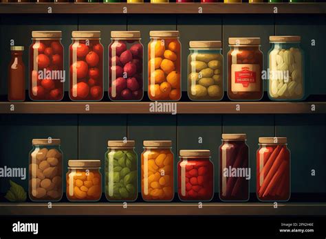 Horizontal View Of Two Wooden Shelves Holding A Variety Of Canned