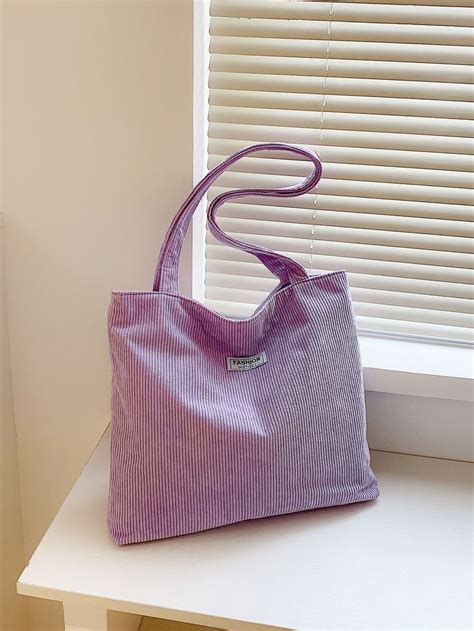 Letter Patch Decor Corduroy Shopper Bag Purple Tote Bag Bags