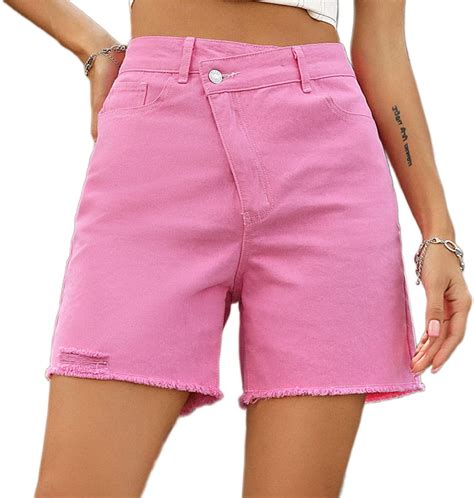 LinYooLi Women S Criss Crossover Jean Shorts High Waisted Straight Leg