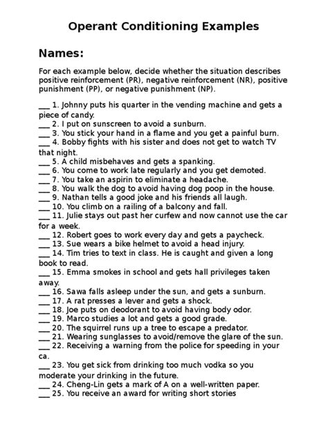 Operant Conditioning Practice Pdf Operant Conditioning Worksheets Library