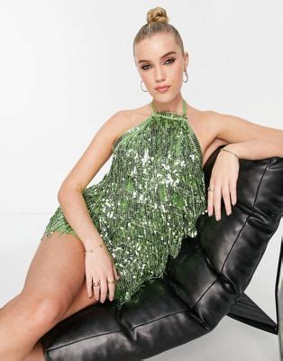 Pull Bear Robe Courte Dos Nu Encolure Am Ricaine Et Sequins Vert