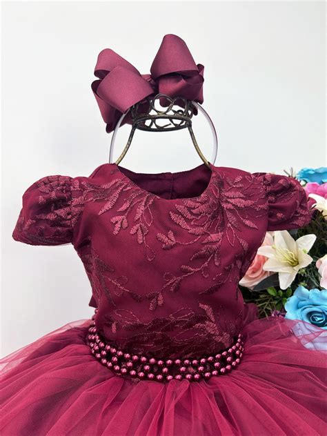 Vestido Infantil Marsala C Tiara e Cinto de Pérolas Renda Rosa