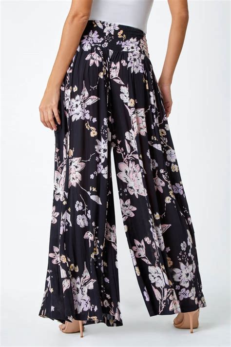 Roman Black Floral Elastic Waist Wide Leg Palazzo Trousers Matalan