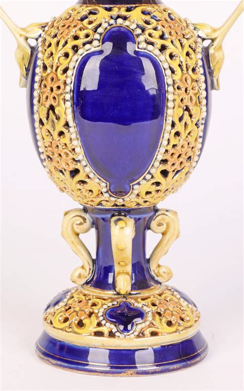 Zsolnay Hungarian Floral Reticulated Porcelain Vase With Cobalt Blue