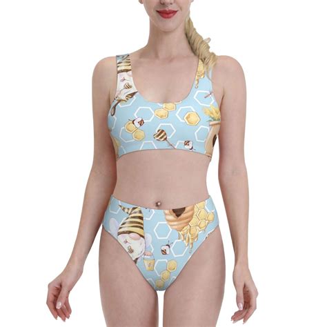 Lukts Women High Waisted Bikini Set Cute Gnome Bee Collects Honey