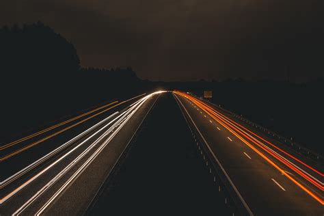 road, highway, night, photography, light trails HD Wallpaper