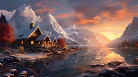 Premium Ai Image Fantastic Winter Landscape Dramatic Sunset Over Fjord