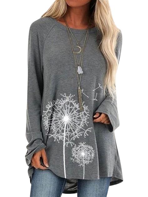 Nlife Women Dandelion Graphic Long Sleeve Crew Neck Tunic Shirt