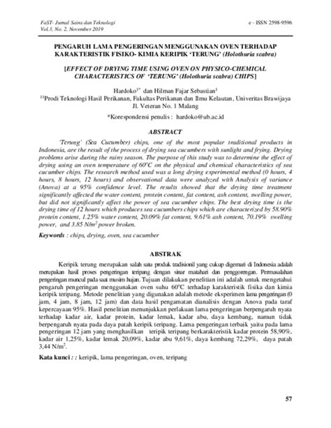 Pdf Pengaruh Lama Pengeringan Menggunakan Oven Terhadap Karakteristik