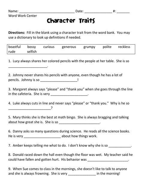 Character Traits Fillinthe Blank Worksheet | PDF