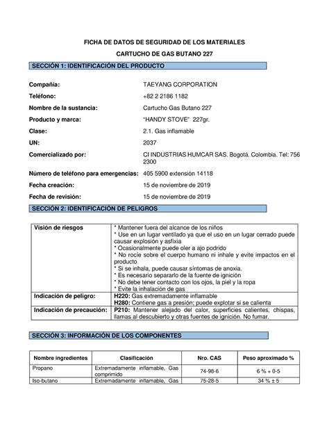 Ficha De Seguridad Cartucho Gas Butano Ficha De Datos De Seguridad De