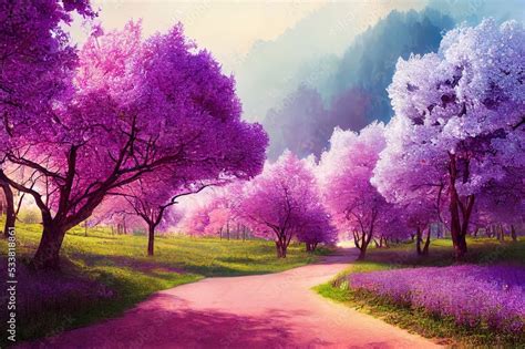 Fantasy Background Magic Forest With Road Beautiful Spring Landscape