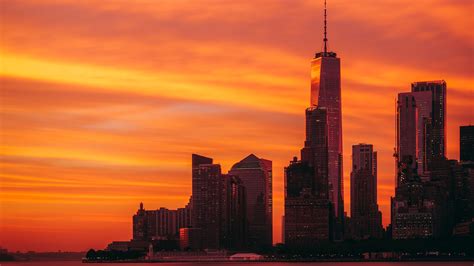 New York Skyline Sunset With Twin Towers