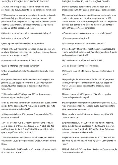 Situação Problema Envolvendo As Quatro Operações 4 Ano