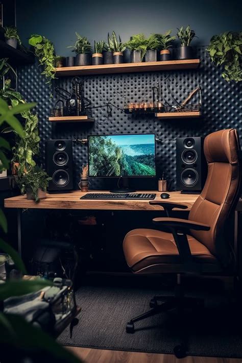 A Desk With A Computer On Top Of It Next To Some Plants And Potted Plants