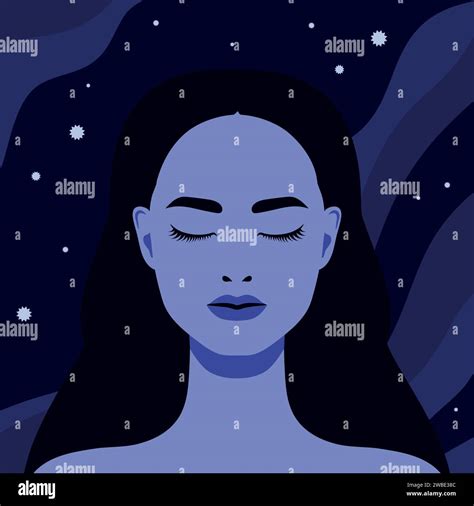 Beautiful Woman With Closed Eyes On Night Sky Background With Stars