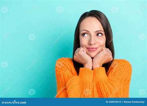 Photo Of Lovely Mature Brunette Lady Look Promo Wear Orange Pullover