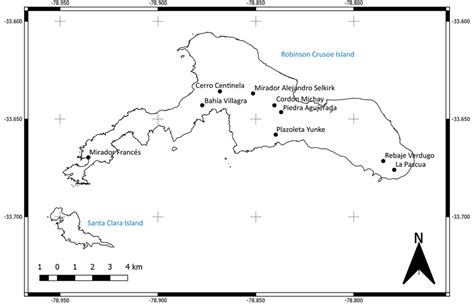 Map of Robinson Crusoe Island showing the nine areas (black dots ...