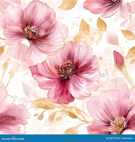 Seamless Pattern Of Pink Flowers With Gold On White Background Pink