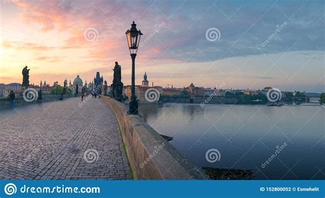 Beautiful Sunrise Panorama With Historic Charles Bridge Stock Photo