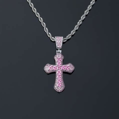 Iced Pink Princess Cut Cross Pendant Helloice Jewelry