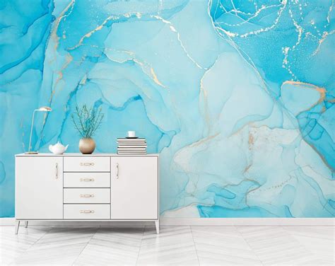 Aqua Blue and Gold Marble Wallpaper, Bedroom Wallpaper, Blue Marble ...